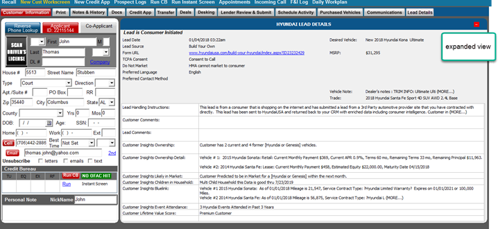 Hyundai integration shown on customer workscreen